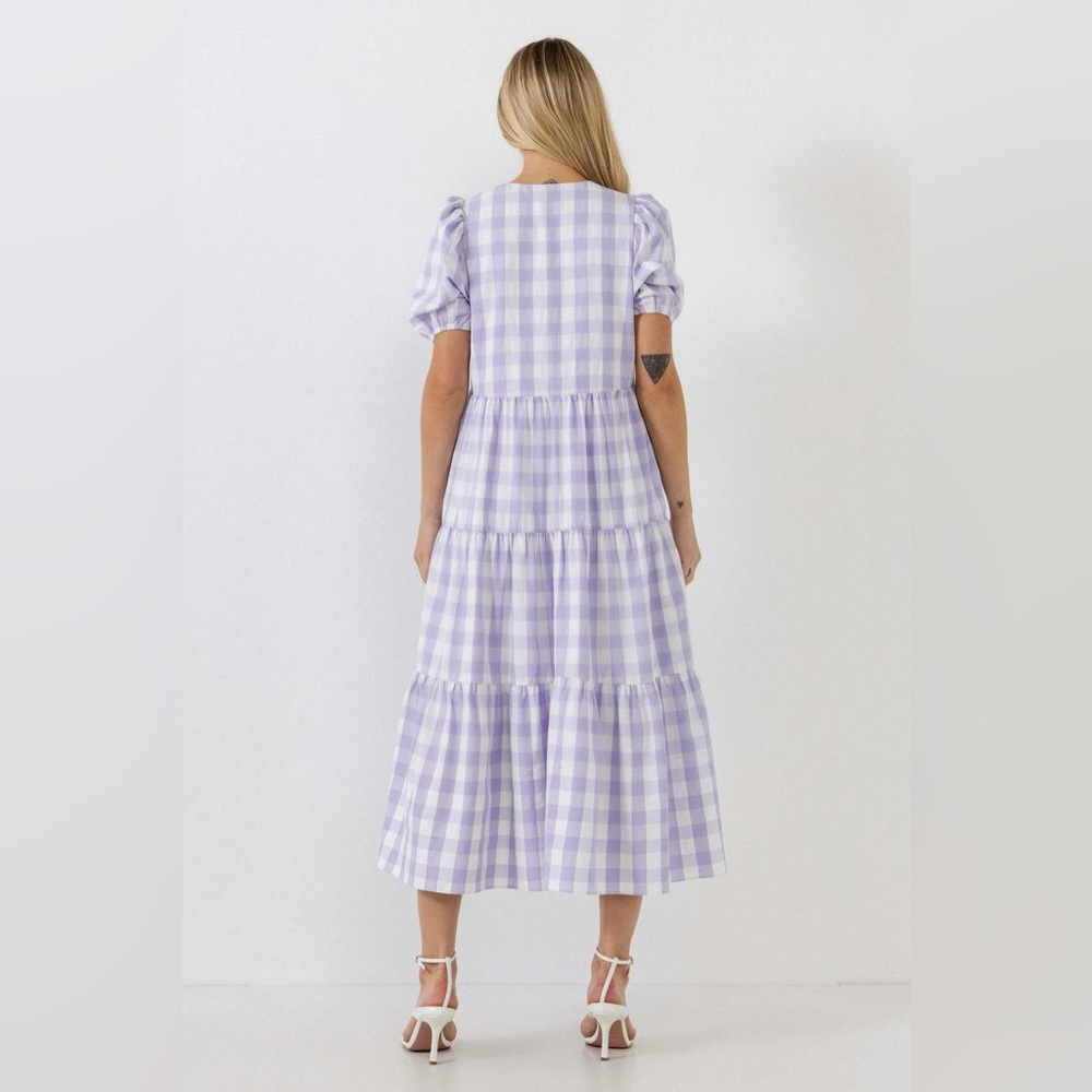 NWT English Factory Women’s Gingham Tiered Puff Sleeve Dress, Lavender, Large - Picture 2 of 4
